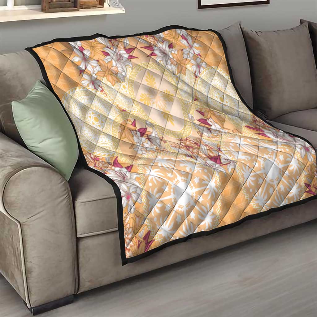 Hawaii Peach Palaka Quilt With Tapa Pattern Tropical Flowers - Polynesian Pride