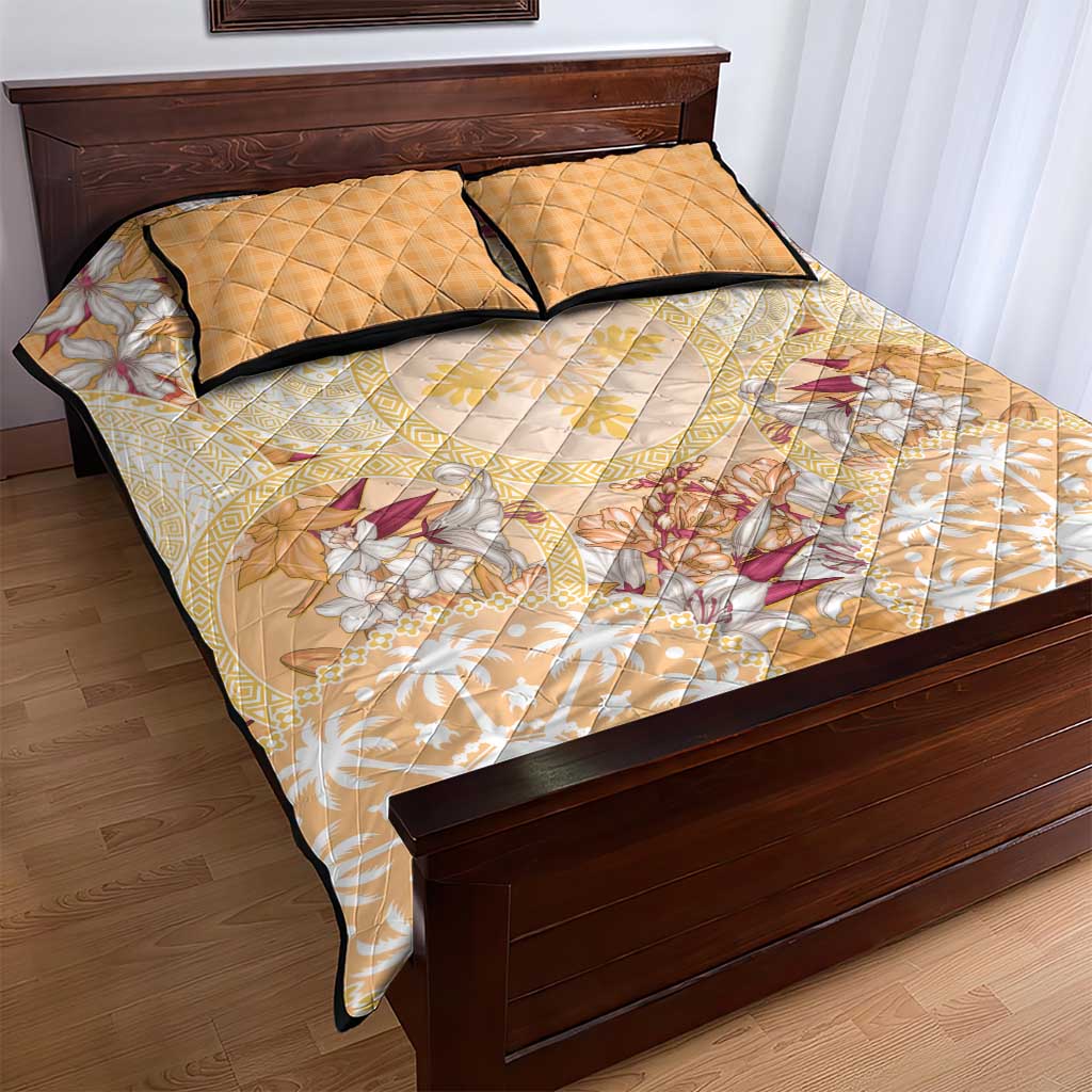 Hawaii Peach Palaka Quilt Bed Set With Tapa Pattern Tropical Flowers - Polynesian Pride
