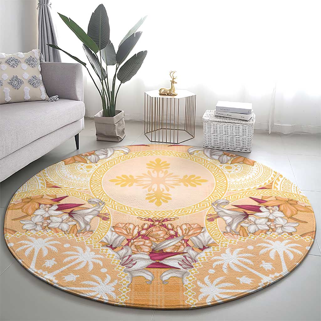 Hawaii Peach Palaka Round Carpet With Tapa Pattern Tropical Flowers LT05 - Polynesian Pride