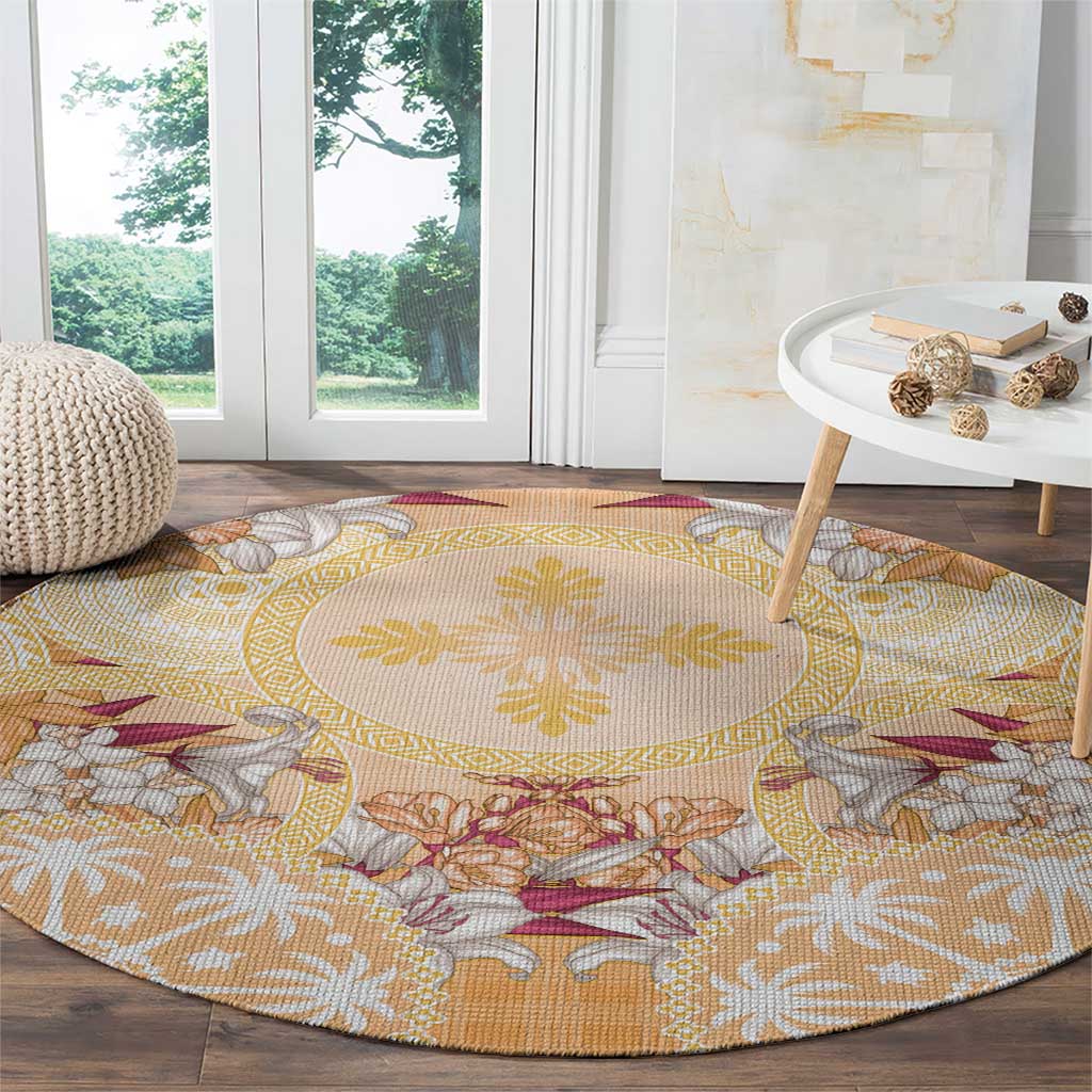 Hawaii Peach Palaka Round Carpet With Tapa Pattern Tropical Flowers LT05 - Polynesian Pride