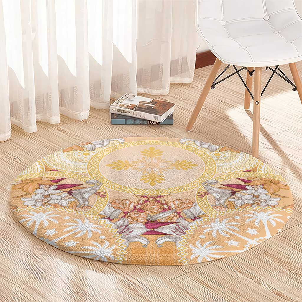 Hawaii Peach Palaka Round Carpet With Tapa Pattern Tropical Flowers LT05 - Polynesian Pride