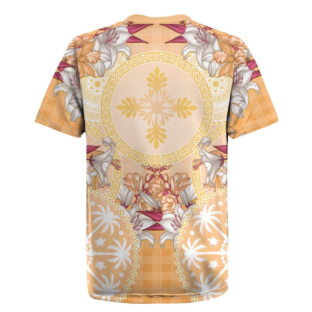 Hawaii Peach Palaka Rugby Jersey With Tapa Pattern Tropical Flowers - Polynesian Pride