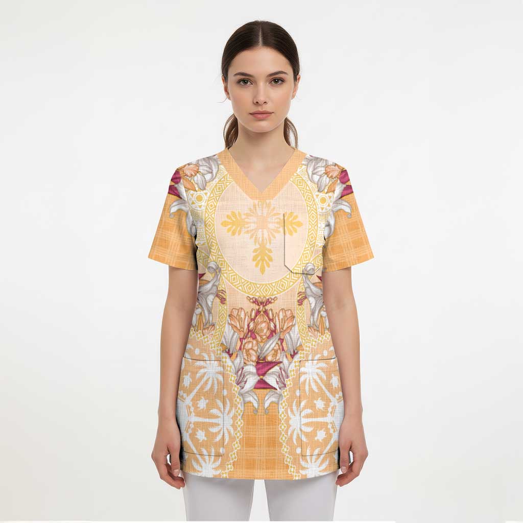 Hawaii Peach Palaka Scrub Top With Tapa Pattern Tropical Flowers - Polynesian Pride