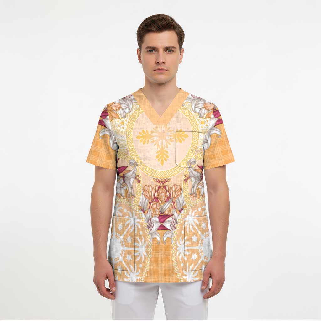 Hawaii Peach Palaka Scrub Top With Tapa Pattern Tropical Flowers - Polynesian Pride