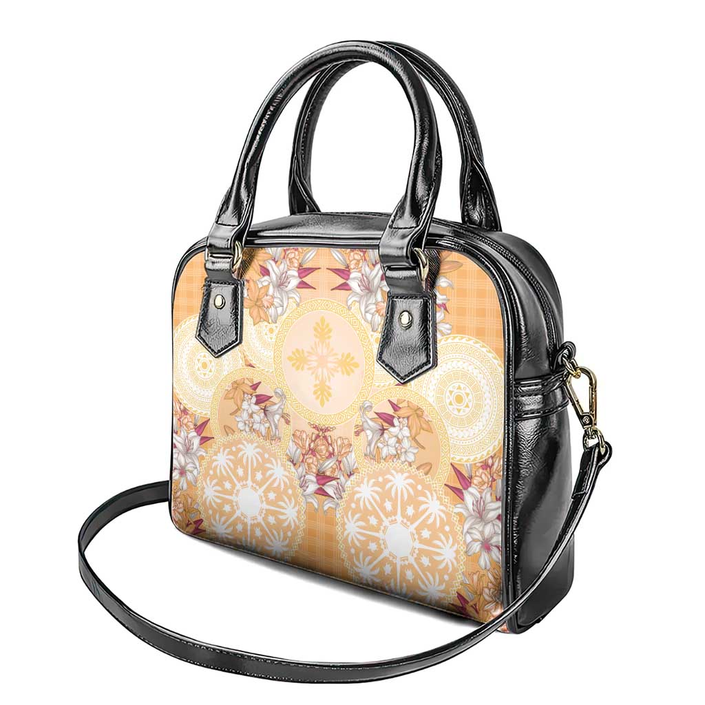 Hawaii Peach Palaka Shoulder Handbag With Tapa Pattern Tropical Flowers LT05 - Polynesian Pride