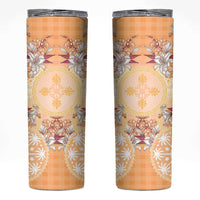 Hawaii Peach Palaka Skinny Tumbler With Tapa Pattern Tropical Flowers - Polynesian Pride