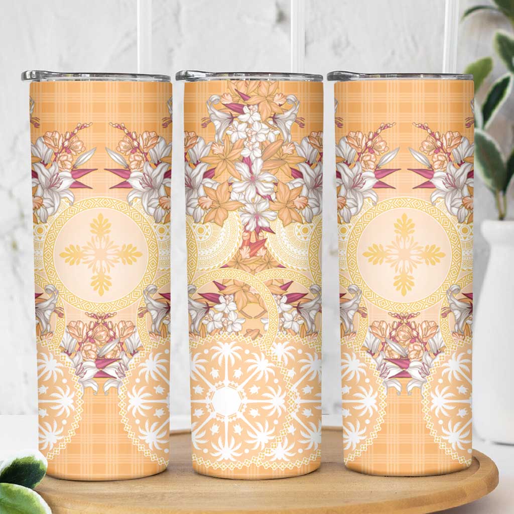 Hawaii Peach Palaka Skinny Tumbler With Tapa Pattern Tropical Flowers - Polynesian Pride
