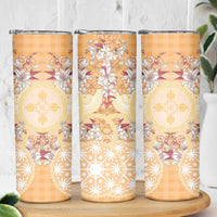 Hawaii Peach Palaka Skinny Tumbler With Tapa Pattern Tropical Flowers - Polynesian Pride