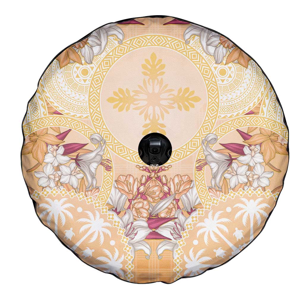 Hawaii Peach Palaka Spare Tire Cover With Tapa Pattern Tropical Flowers - Polynesian Pride