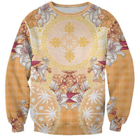 Hawaii Peach Palaka Sweatshirt With Tapa Pattern Tropical Flowers LT05 Unisex Peach - Polynesian Pride