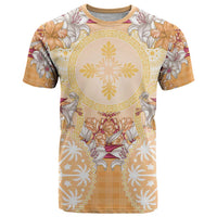 Hawaii Peach Palaka T Shirt With Tapa Pattern Tropical Flowers - Polynesian Pride