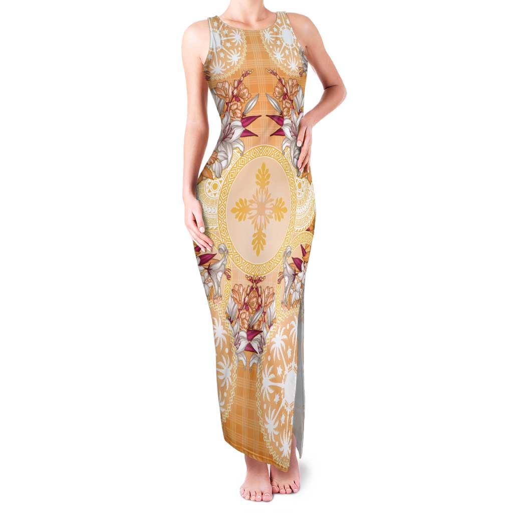 Hawaii Peach Palaka Tank Maxi Dress With Tapa Pattern Tropical Flowers - Polynesian Pride