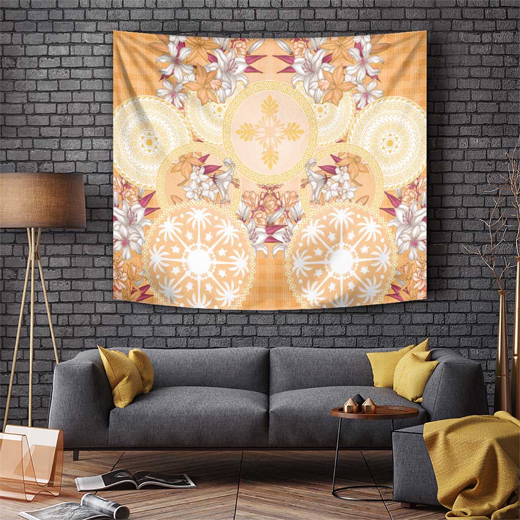 Hawaii Peach Palaka Tapestry With Tapa Pattern Tropical Flowers LT05 Peach - Polynesian Pride
