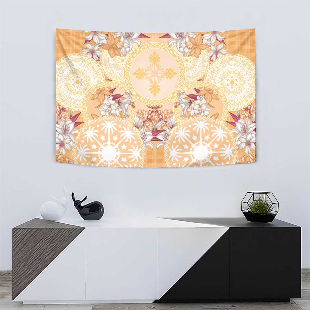 Hawaii Peach Palaka Tapestry With Tapa Pattern Tropical Flowers LT05 - Polynesian Pride