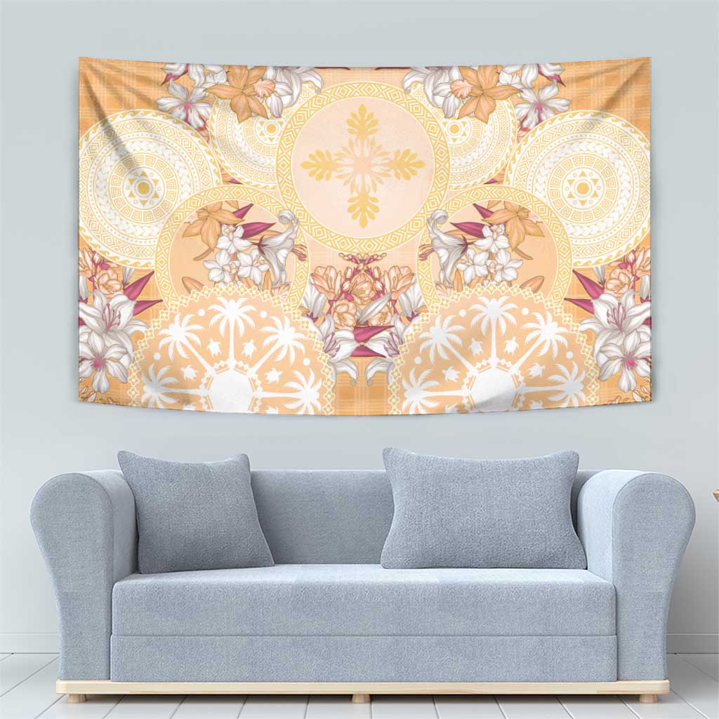 Hawaii Peach Palaka Tapestry With Tapa Pattern Tropical Flowers LT05 - Polynesian Pride