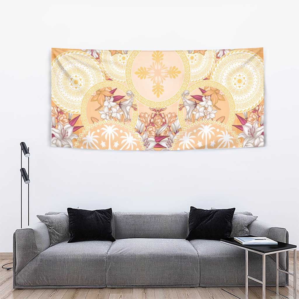 Hawaii Peach Palaka Tapestry With Tapa Pattern Tropical Flowers LT05 - Polynesian Pride