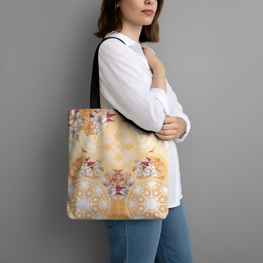 Hawaii Peach Palaka Tote Bag With Tapa Pattern Tropical Flowers - Polynesian Pride