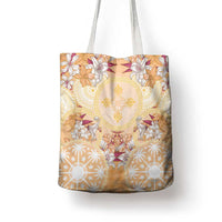 Hawaii Peach Palaka Tote Bag With Tapa Pattern Tropical Flowers - Polynesian Pride