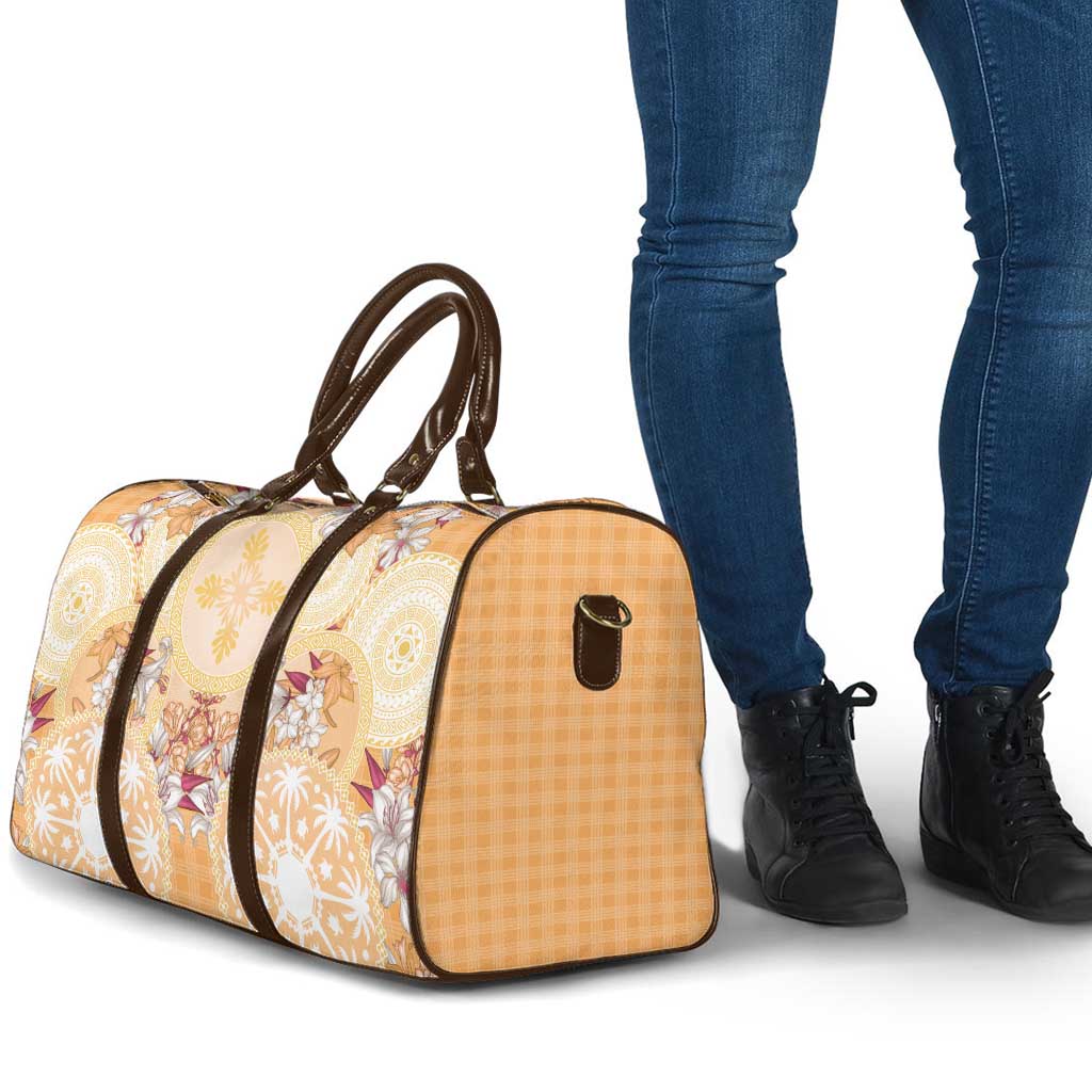Hawaii Peach Palaka Travel Bag With Tapa Pattern Tropical Flowers - Polynesian Pride