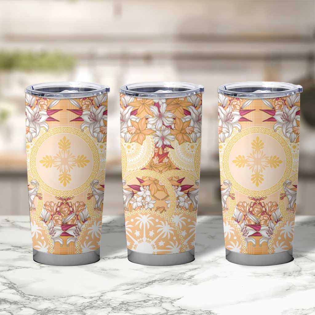 Hawaii Peach Palaka Tumbler Cup With Tapa Pattern Tropical Flowers - Polynesian Pride