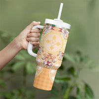 Hawaii Peach Palaka Tumbler With Handle With Tapa Pattern Tropical Flowers - Polynesian Pride