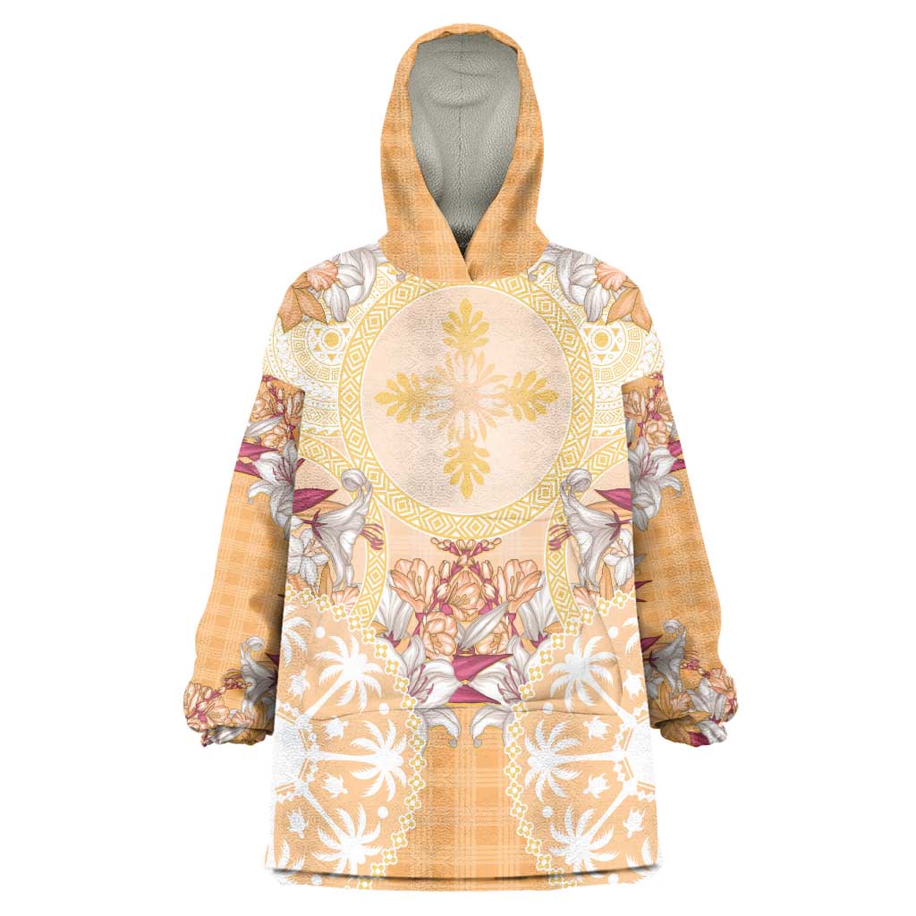 Hawaii Peach Palaka Wearable Blanket Hoodie With Tapa Pattern Tropical Flowers - Polynesian Pride