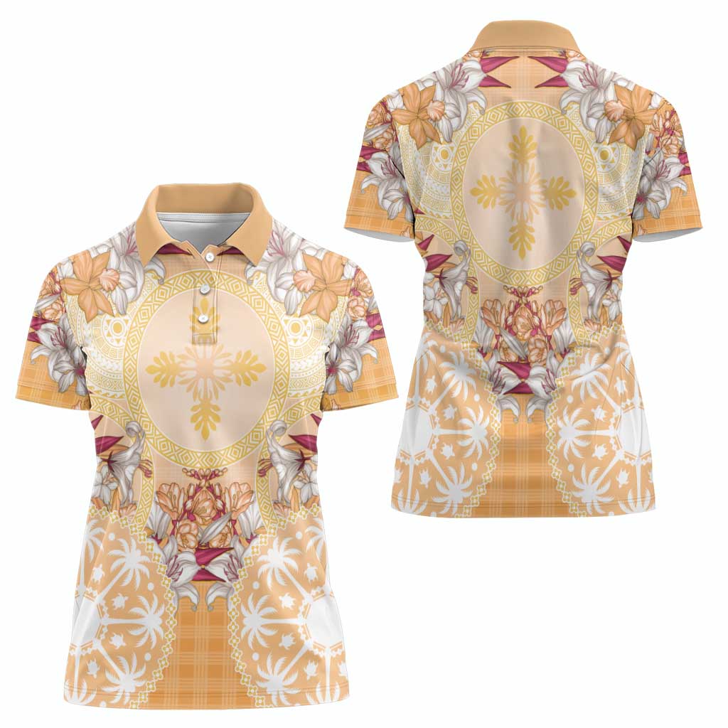Hawaii Peach Palaka Women Polo Shirt With Tapa Pattern Tropical Flowers - Polynesian Pride