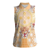 Hawaii Peach Palaka Women Sleeveless Polo Shirt With Tapa Pattern Tropical Flowers - Polynesian Pride
