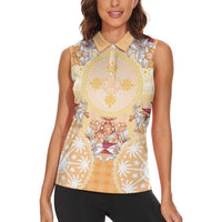 Hawaii Peach Palaka Women Sleeveless Polo Shirt With Tapa Pattern Tropical Flowers - Polynesian Pride