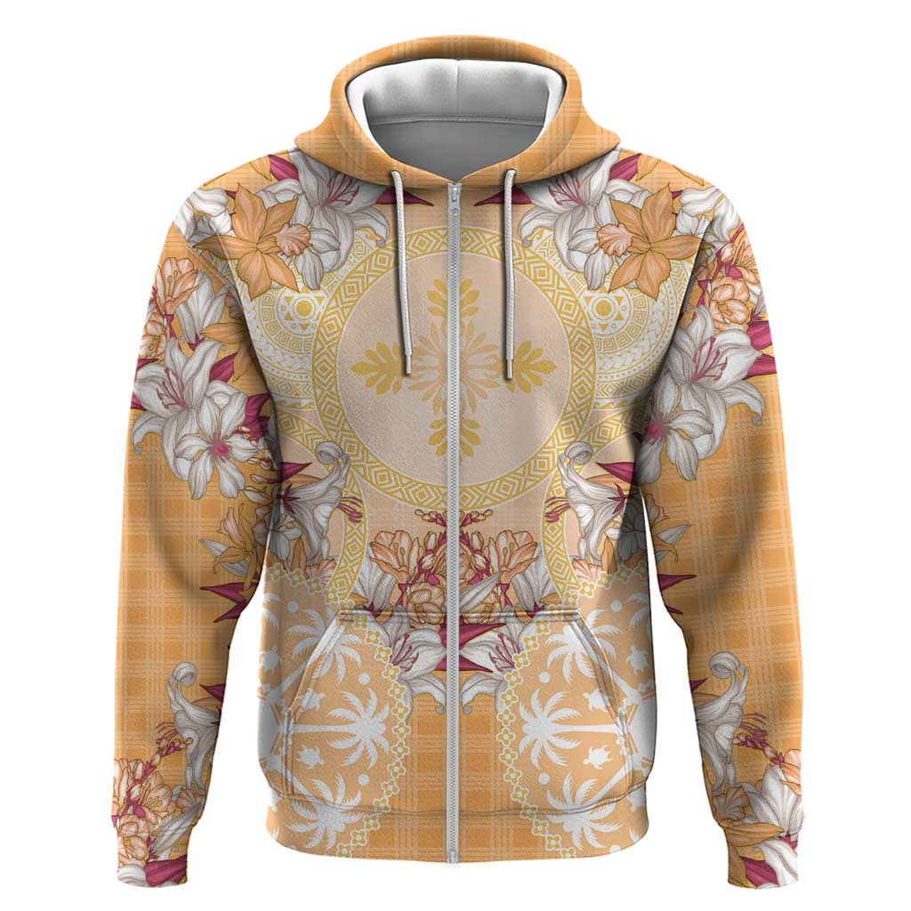 Hawaii Peach Palaka Zip Hoodie With Tapa Pattern Tropical Flowers LT05 Zip Hoodie Peach - Polynesian Pride