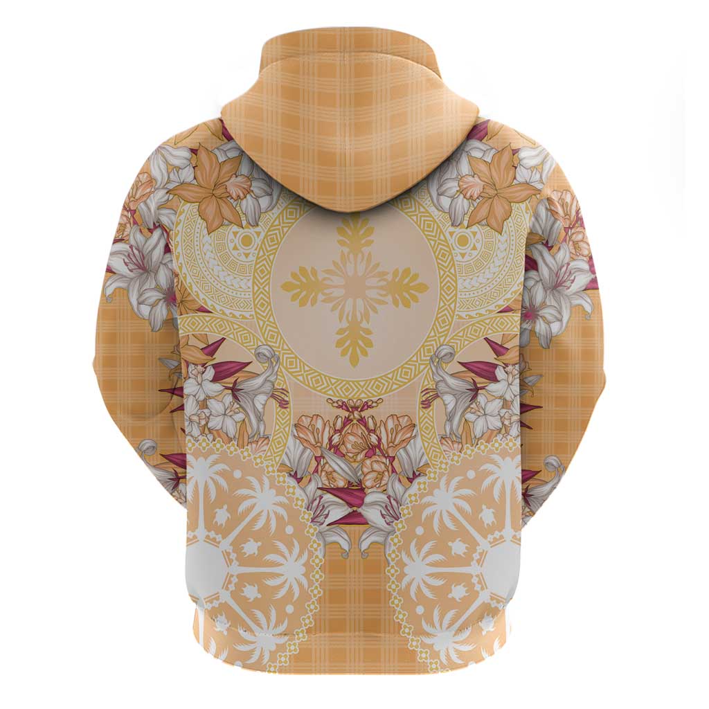 Hawaii Peach Palaka Zip Hoodie With Tapa Pattern Tropical Flowers LT05 - Polynesian Pride