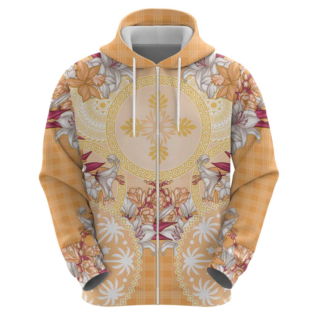 Hawaii Peach Palaka Zip Hoodie With Tapa Pattern Tropical Flowers LT05 - Polynesian Pride