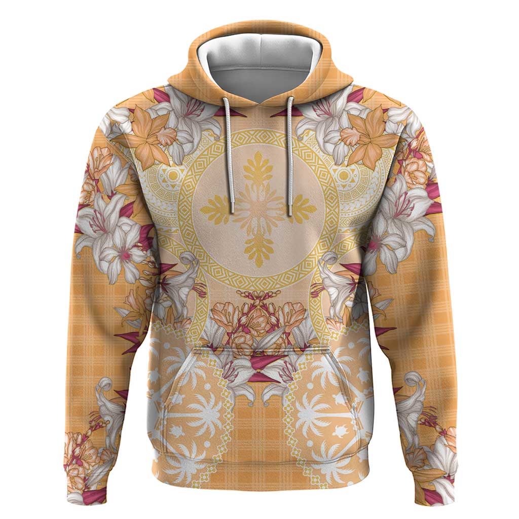 Hawaii Peach Palaka Zip Hoodie With Tapa Pattern Tropical Flowers LT05 Pullover Hoodie Peach - Polynesian Pride