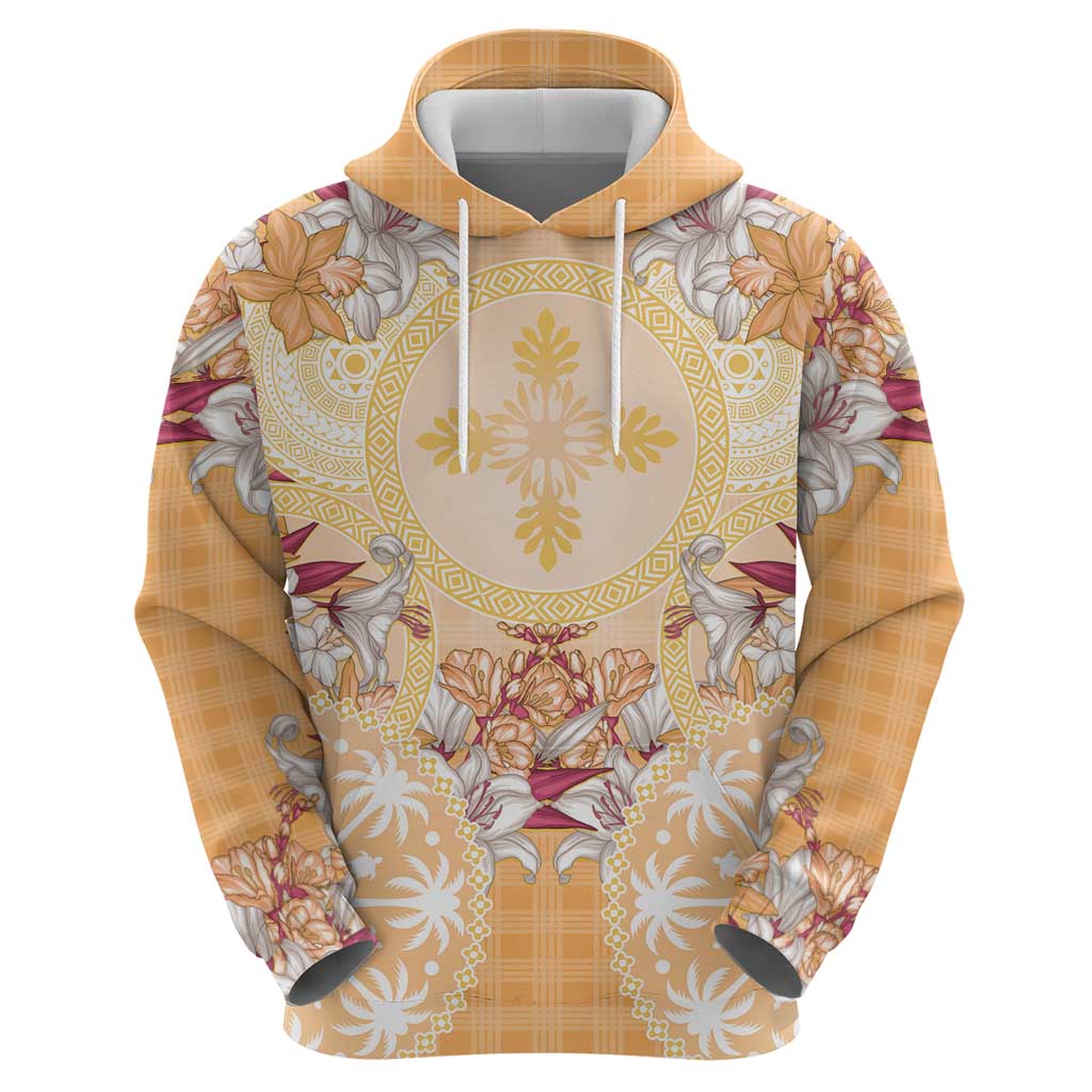 Hawaii Peach Palaka Zip Hoodie With Tapa Pattern Tropical Flowers LT05 - Polynesian Pride