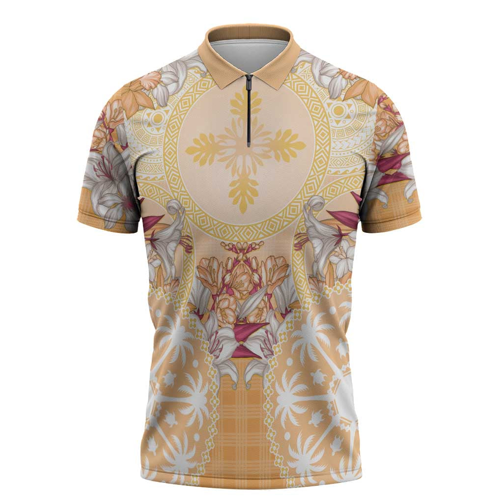 Hawaii Peach Palaka Zipper Polo Shirt With Tapa Pattern Tropical Flowers - Polynesian Pride