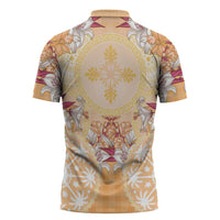 Hawaii Peach Palaka Zipper Polo Shirt With Tapa Pattern Tropical Flowers - Polynesian Pride