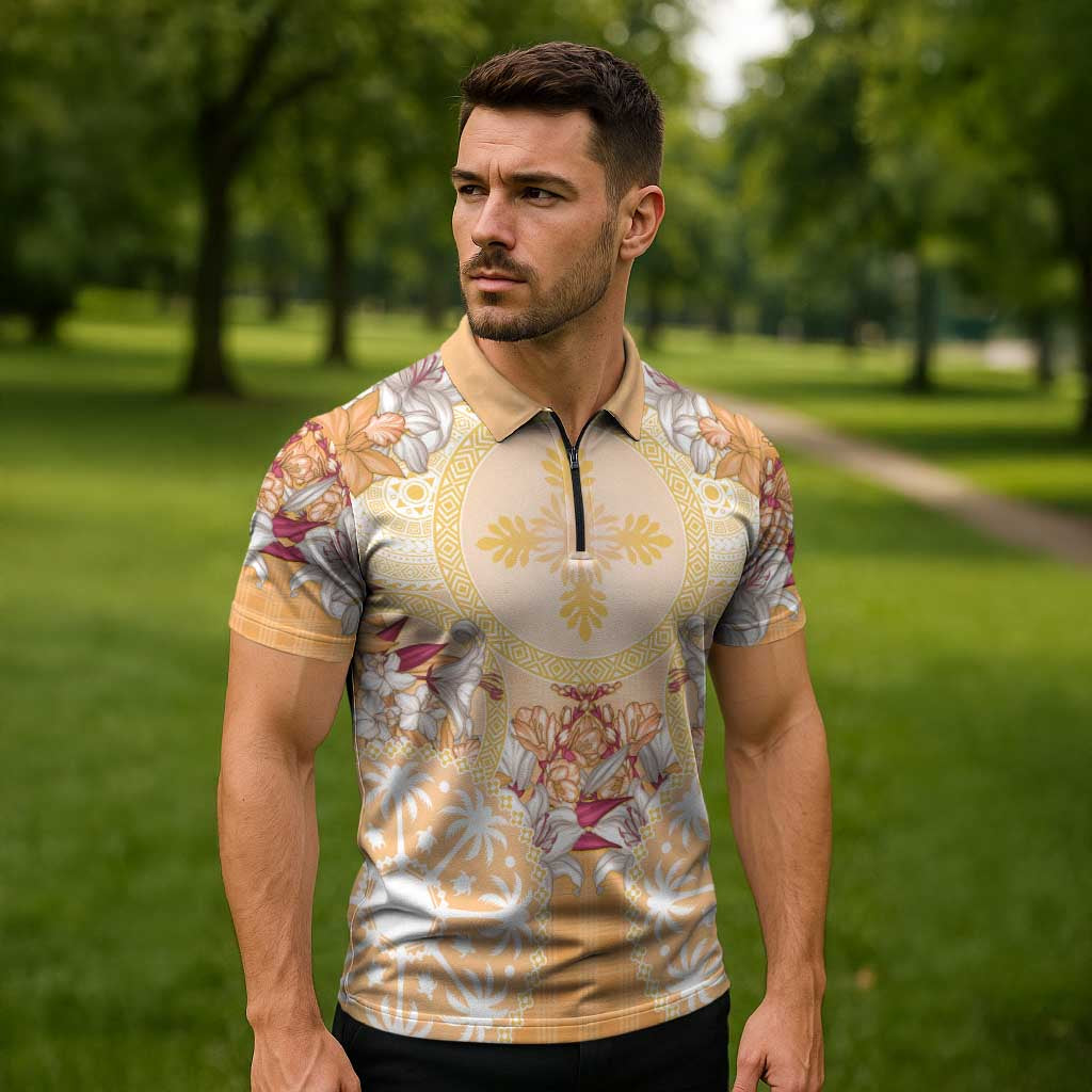 Hawaii Peach Palaka Zipper Polo Shirt With Tapa Pattern Tropical Flowers - Polynesian Pride