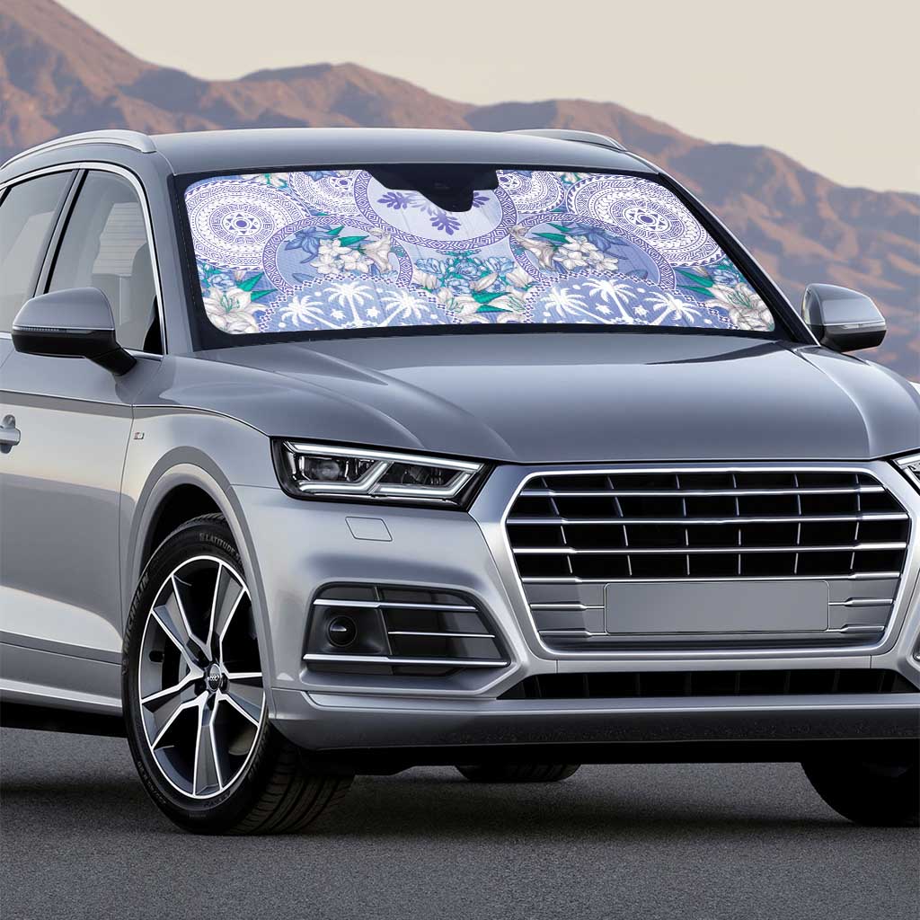 Hawaii Violet Palaka Auto Sun Shade With Tapa Pattern Tropical Flowers - Polynesian Pride