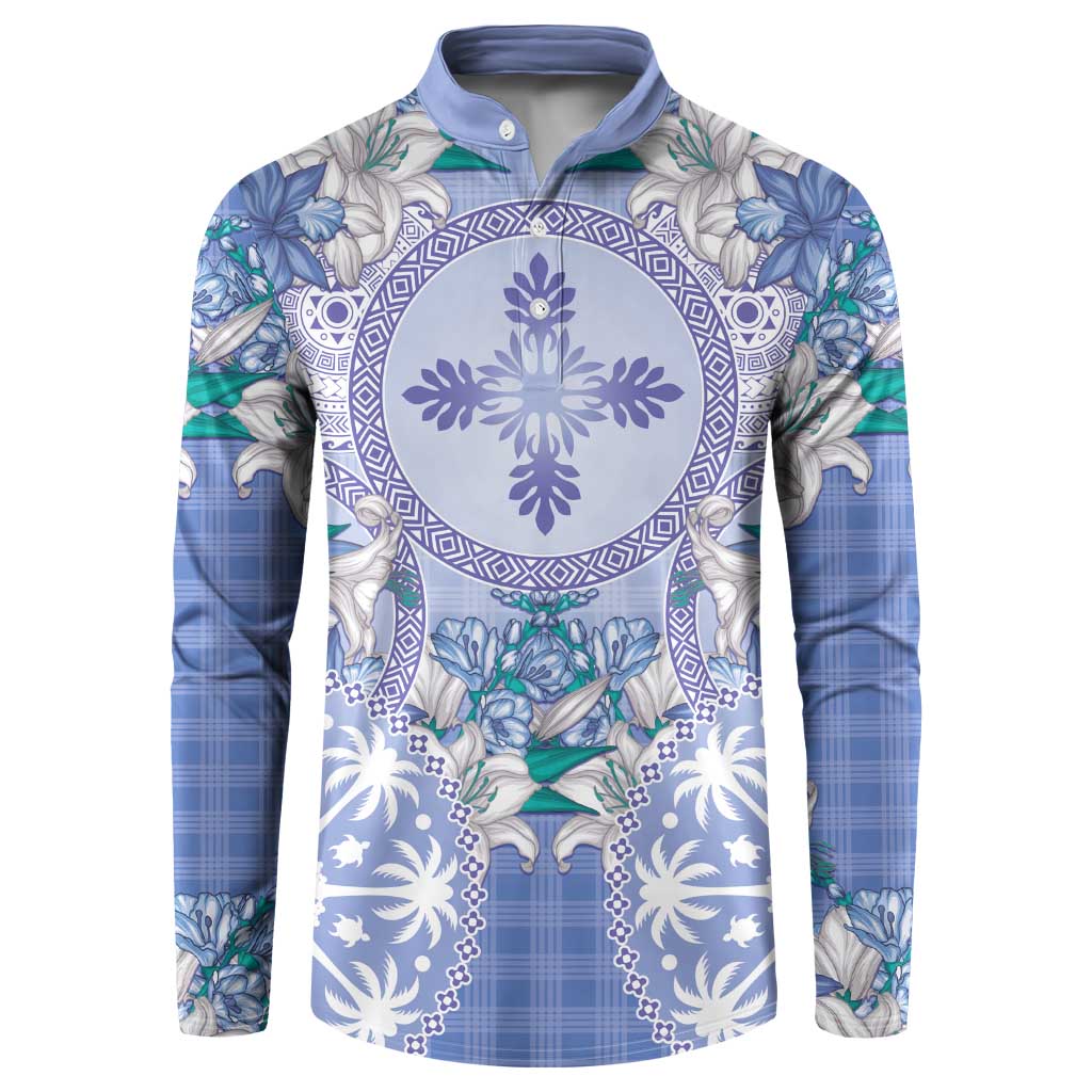 Hawaii Violet Palaka Button Sweatshirt With Tapa Pattern Tropical Flowers LT05 Violet - Polynesian Pride