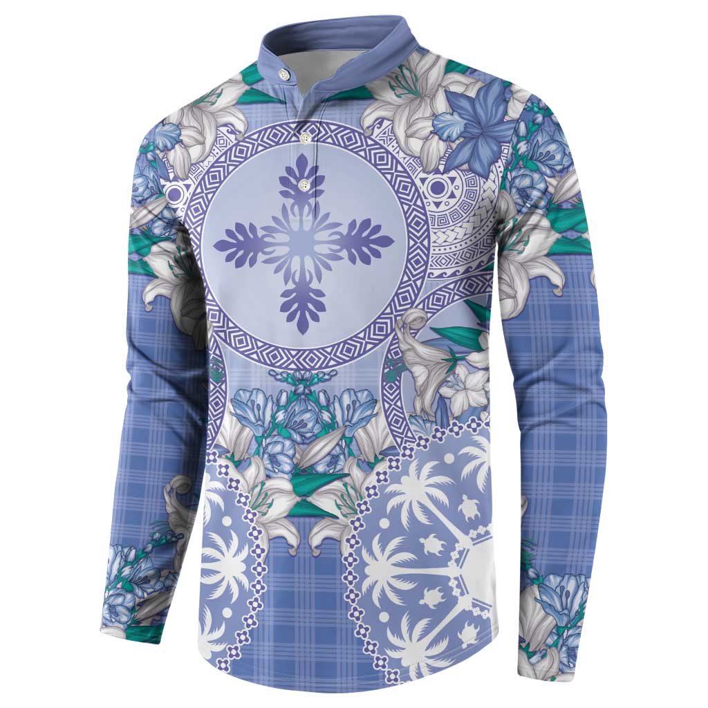 Hawaii Violet Palaka Button Sweatshirt With Tapa Pattern Tropical Flowers LT05 - Polynesian Pride
