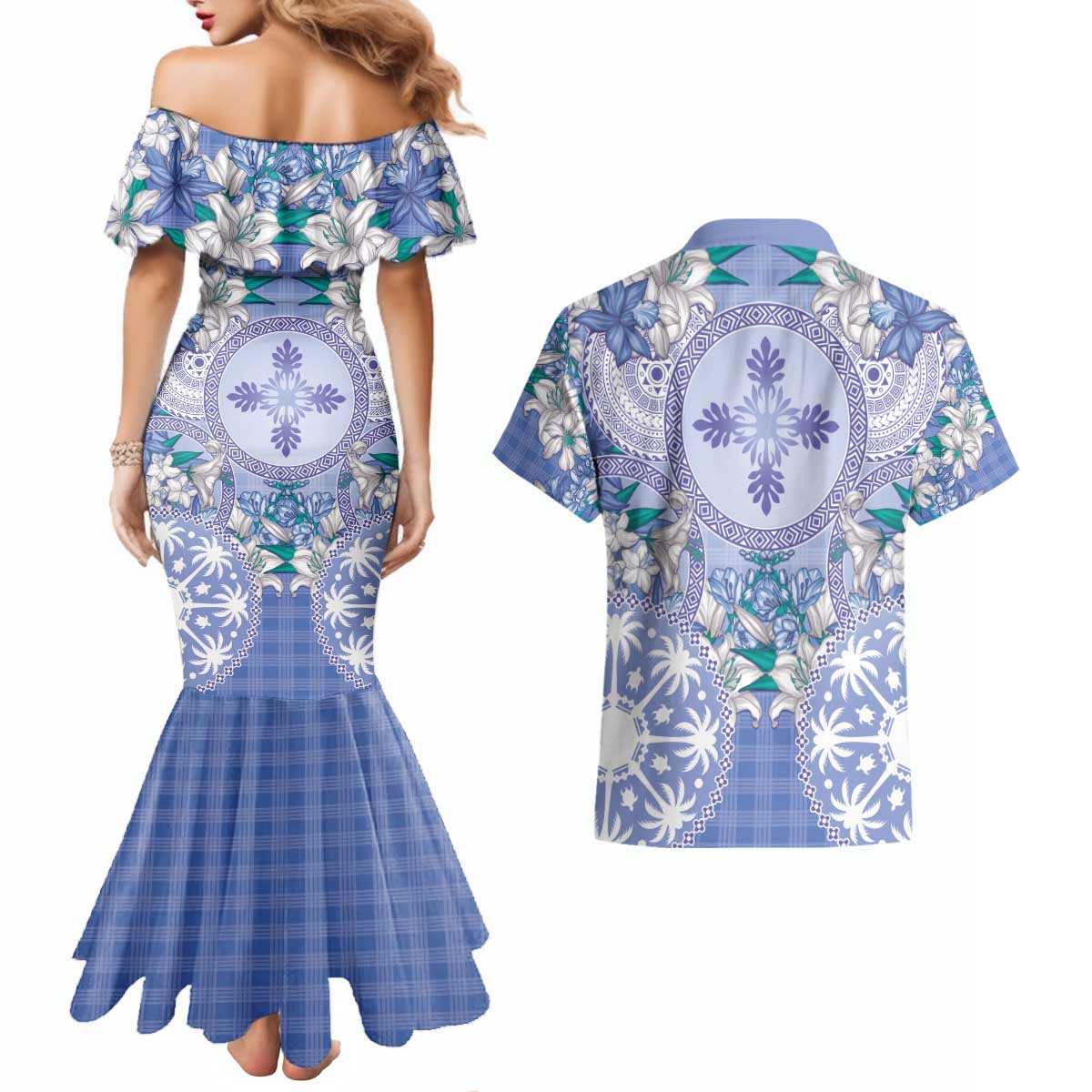 Hawaii Violet Palaka Couples Matching Mermaid Dress and Hawaiian Shirt With Tapa Pattern Tropical Flowers - Polynesian Pride