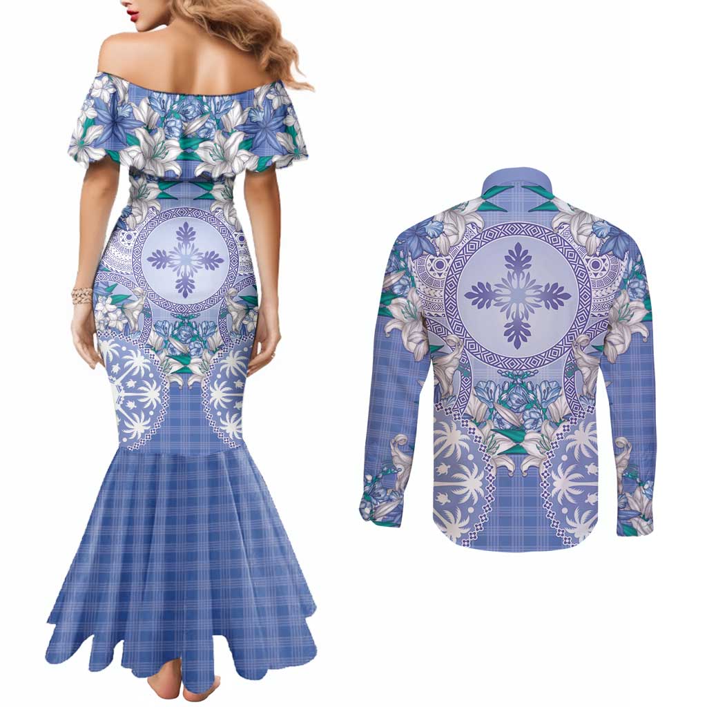 Hawaii Violet Palaka Couples Matching Mermaid Dress and Long Sleeve Button Shirt With Tapa Pattern Tropical Flowers - Polynesian Pride