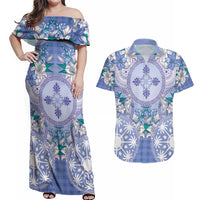 Hawaii Violet Palaka Couples Matching Off Shoulder Maxi Dress and Hawaiian Shirt With Tapa Pattern Tropical Flowers - Polynesian Pride
