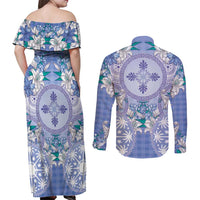 Hawaii Violet Palaka Couples Matching Off Shoulder Maxi Dress and Long Sleeve Button Shirt With Tapa Pattern Tropical Flowers - Polynesian Pride