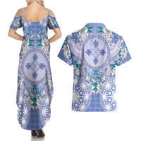 Hawaii Violet Palaka Couples Matching Summer Maxi Dress and Hawaiian Shirt With Tapa Pattern Tropical Flowers - Polynesian Pride
