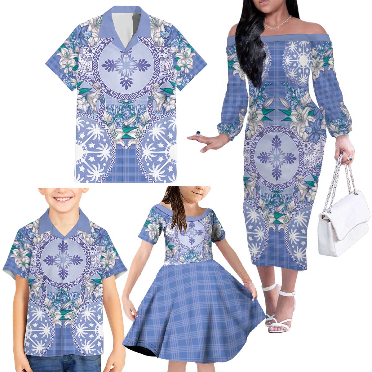 Hawaii Violet Palaka Family Matching Off The Shoulder Long Sleeve Dress and Hawaiian Shirt With Tapa Pattern Tropical Flowers - Polynesian Pride