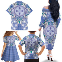 Hawaii Violet Palaka Family Matching Off The Shoulder Long Sleeve Dress and Hawaiian Shirt With Tapa Pattern Tropical Flowers - Polynesian Pride