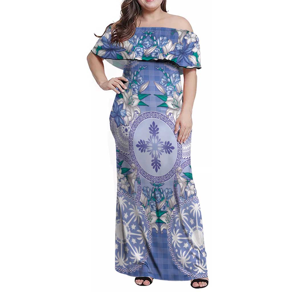Hawaii Violet Palaka Family Matching Off Shoulder Maxi Dress and Hawaiian Shirt With Tapa Pattern Tropical Flowers LT05 Mom's Dress Violet - Polynesian Pride