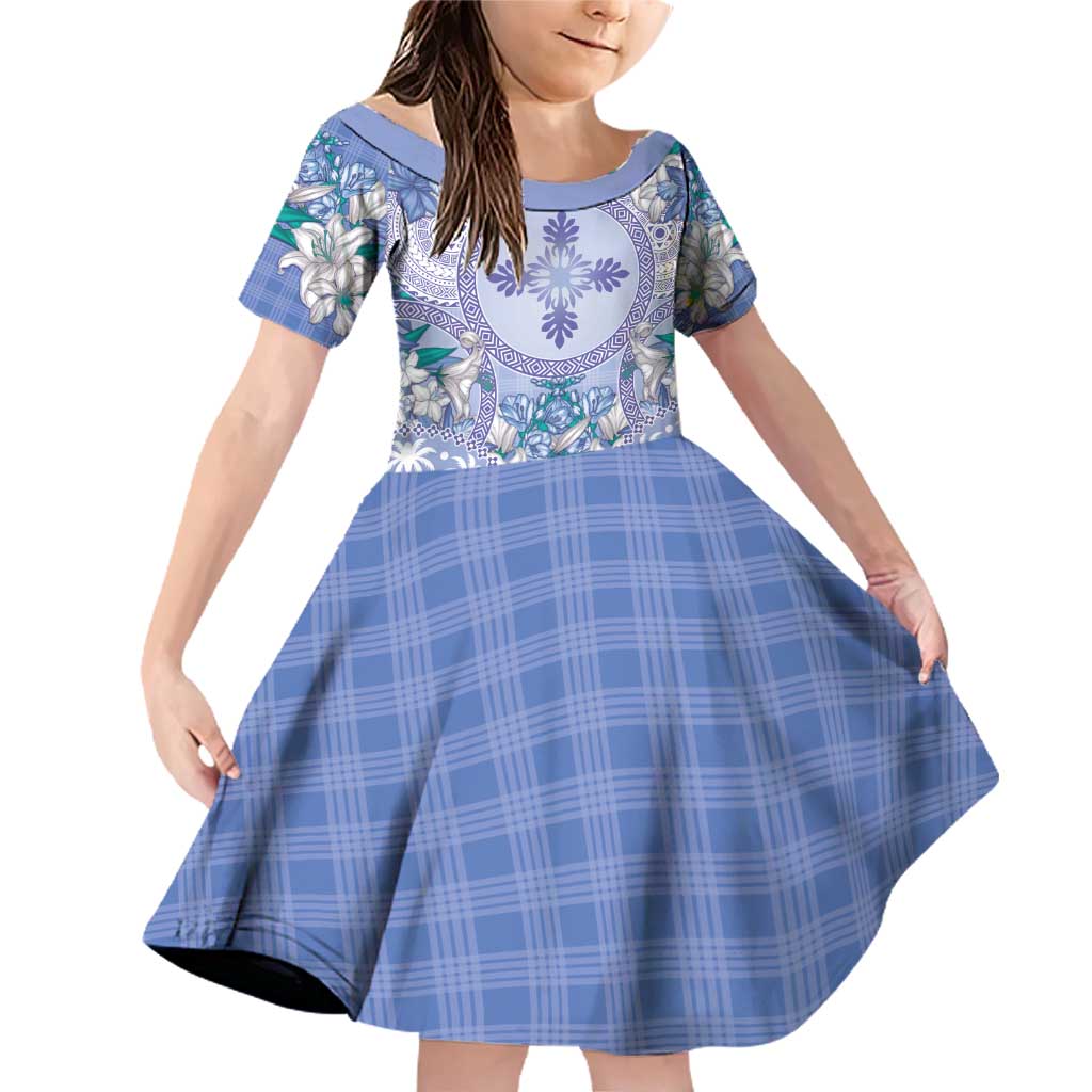 Hawaii Violet Palaka Family Matching Off Shoulder Short Dress and Hawaiian Shirt With Tapa Pattern Tropical Flowers LT05 Daughter's Dress Violet - Polynesian Pride