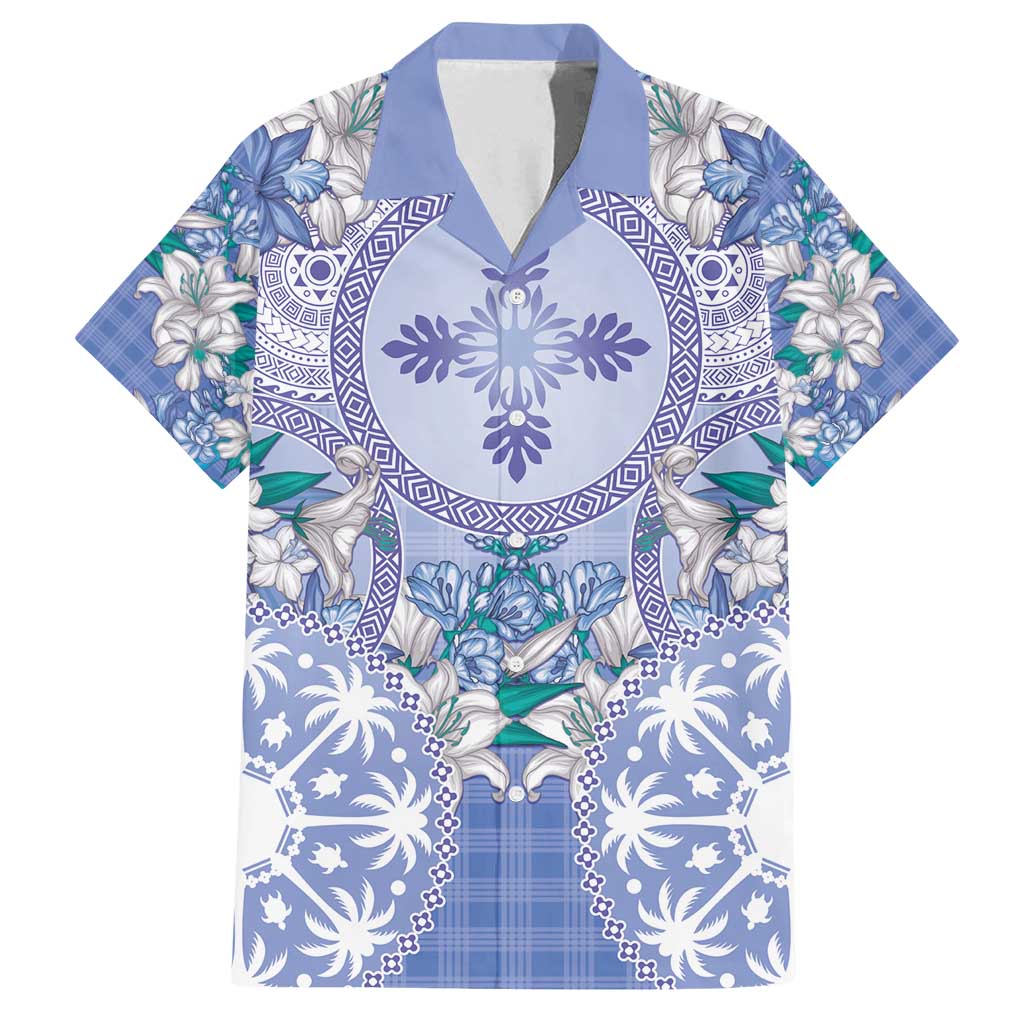 Hawaii Violet Palaka Family Matching Off Shoulder Short Dress and Hawaiian Shirt With Tapa Pattern Tropical Flowers LT05 Dad's Shirt - Short Sleeve Violet - Polynesian Pride